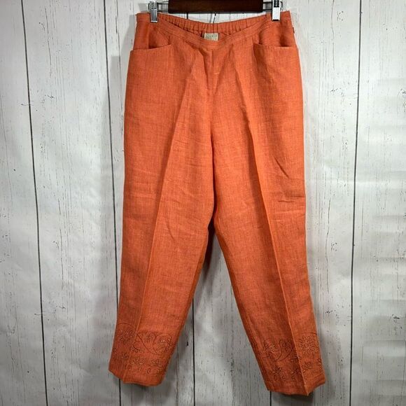 Olsen Sport 100% Linen Embroidered Crop Pants Orange Size 10 Boho Coastal Resort - Picture 1 of 16